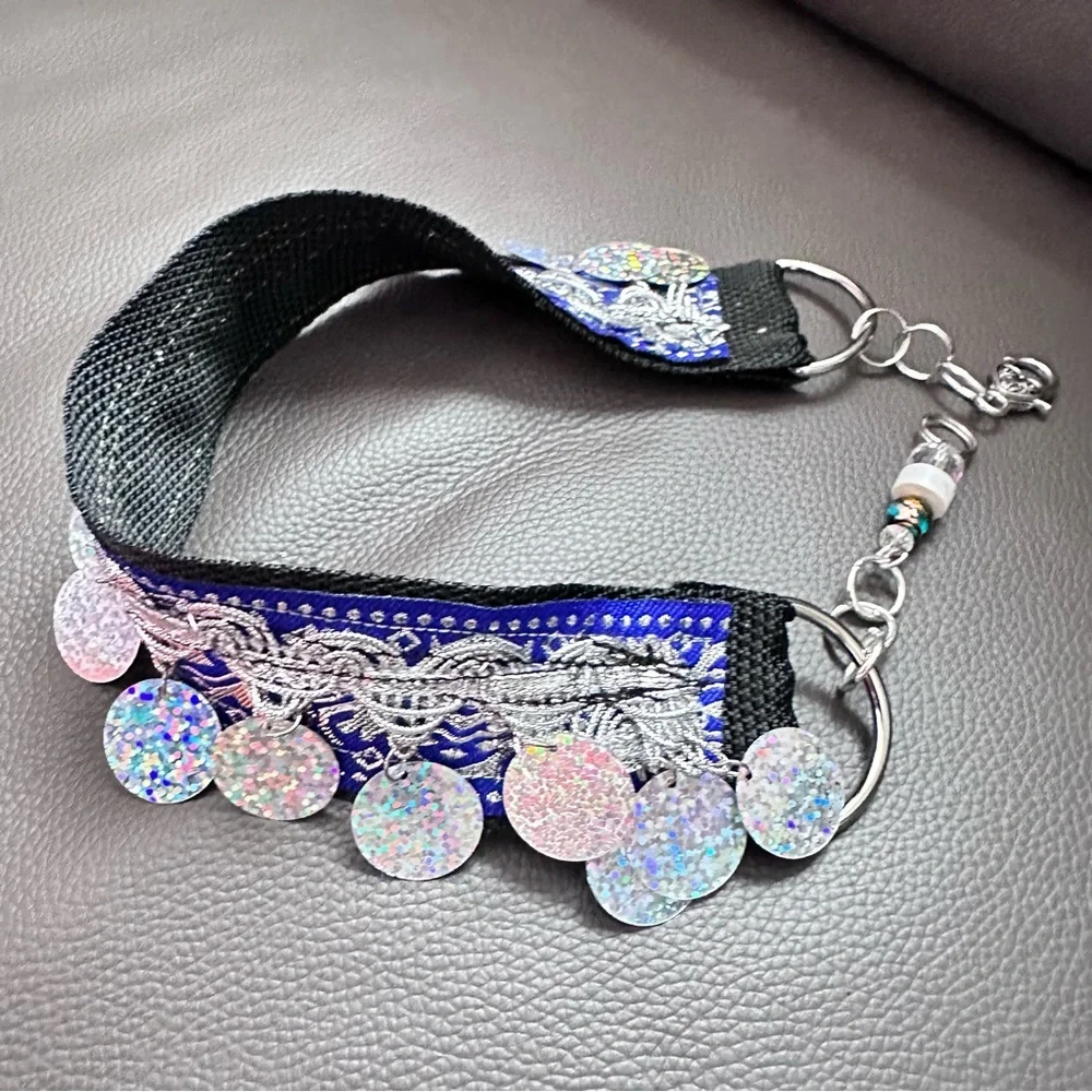 Festival Choker Necklace Handmade Navy + Silver Iridescent Sequin Coins Signed - Picture 10 of 15